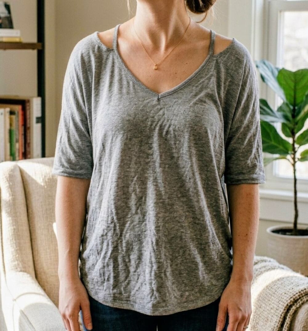 Cable & Gauge Womens Top Size Large Gray V-Neck Strappy Short Sleeve Viscose